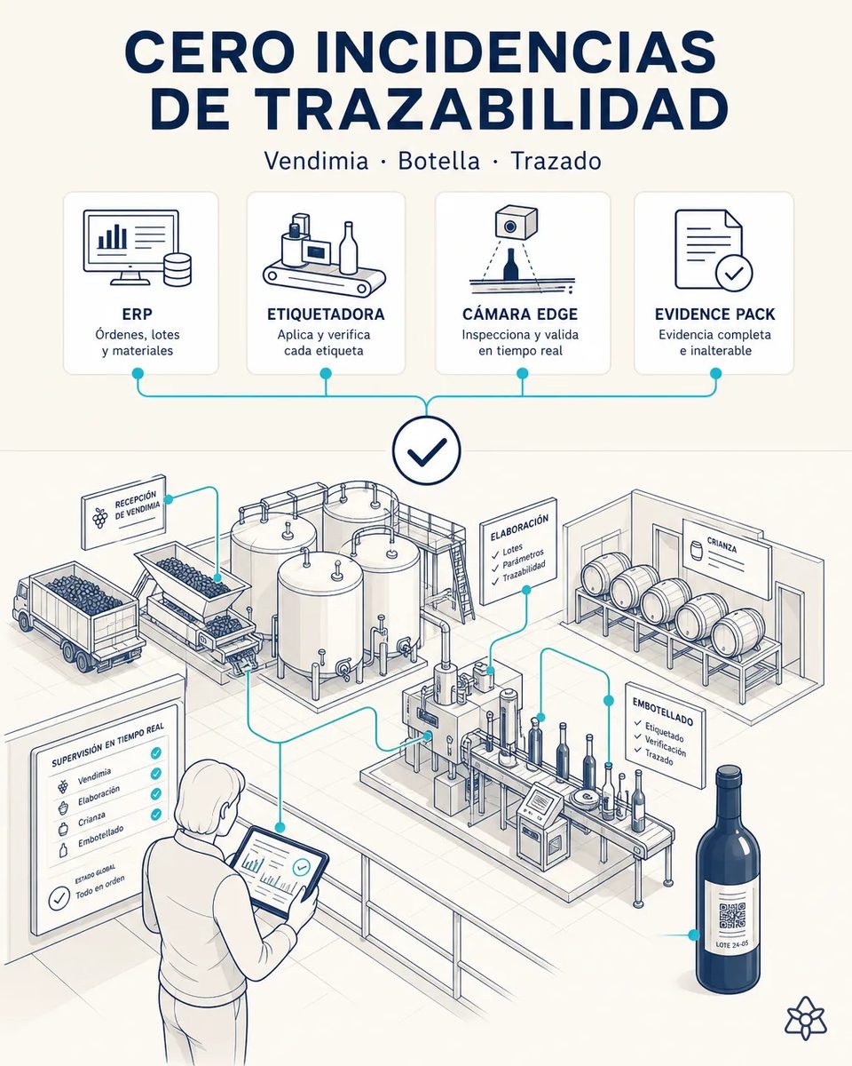 Vista general de una bodega desde la recepción de vendimia, depósitos, crianza en barricas y línea de embotellado, con una responsable supervisando en tableta y una botella con lote y QR