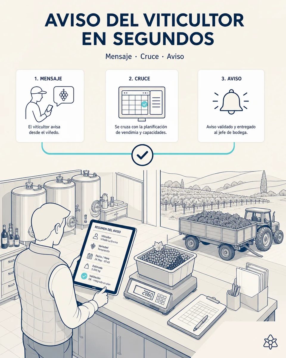 Jefe de bodega revisando en una tableta el resumen de un aviso de viticultor con variedad, fecha y kilos estimados, junto a una báscula con uva y un remolque esperando a la entrada