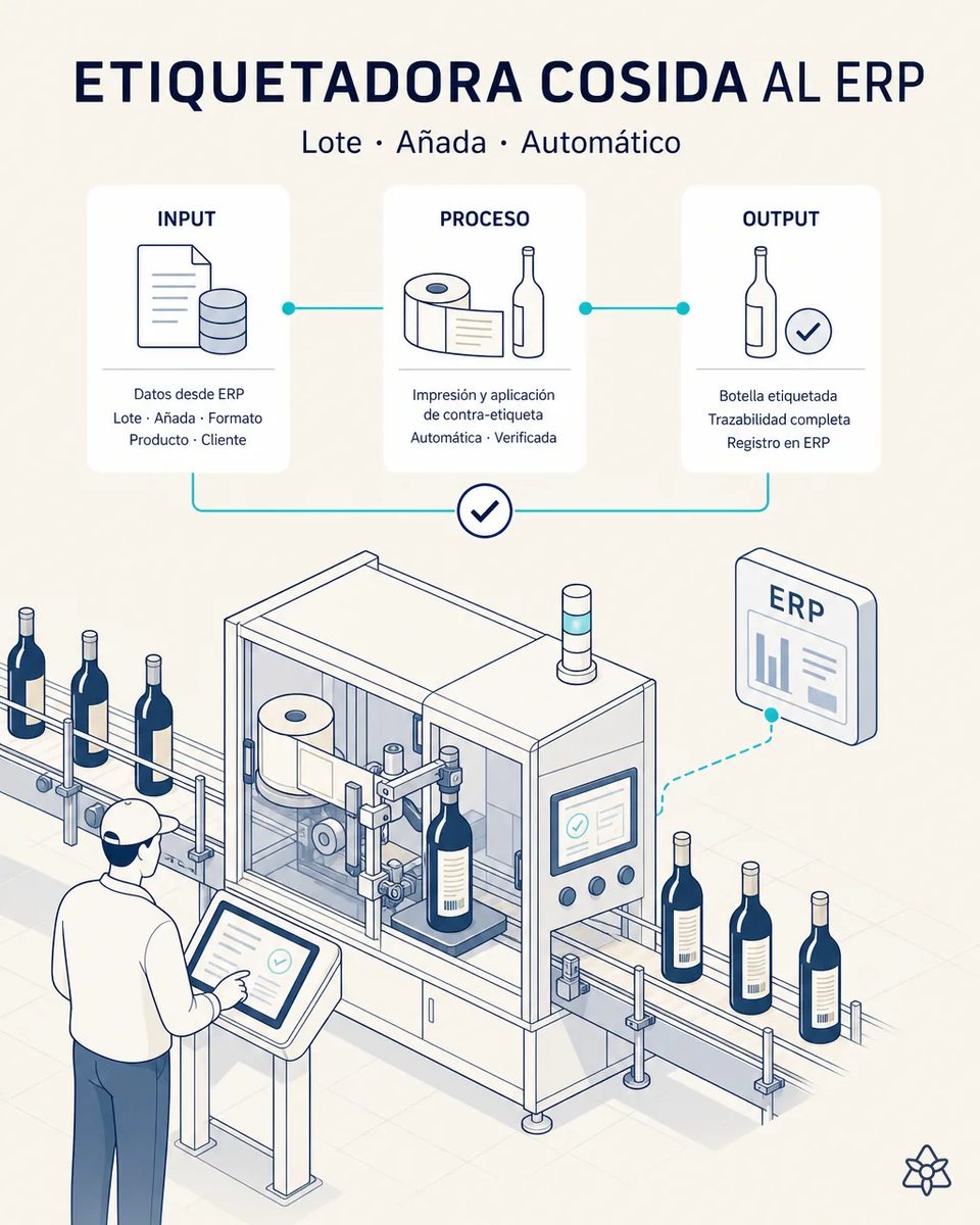 Etiquetadora automática de una línea de embotellado aplicando contraetiquetas a botellas de vino, con un operario en el panel táctil y un icono del ERP enviando los datos de lote y añada