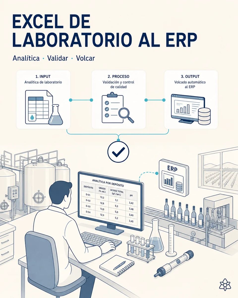 Técnico de laboratorio de enología ante un monitor con la tabla de analítica por depósito con grado, acidez total y pH, junto a probetas y tubos de ensayo, y un icono del ERP conectado