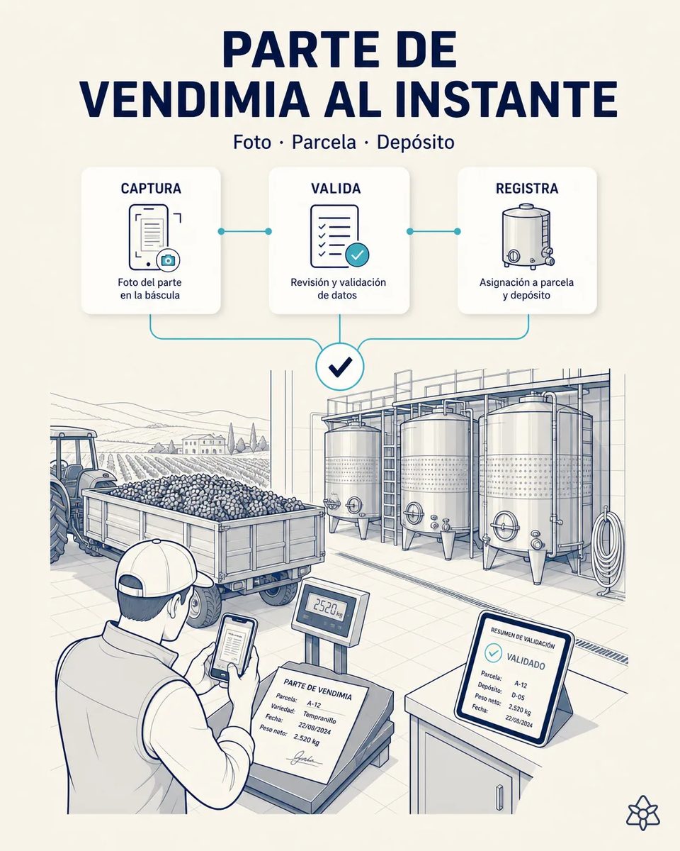 Responsable de bodega fotografiando con el móvil el parte de vendimia sobre la báscula, con un remolque de uva tinta detrás, depósitos de acero inoxidable y una tableta que muestra la entrada validada