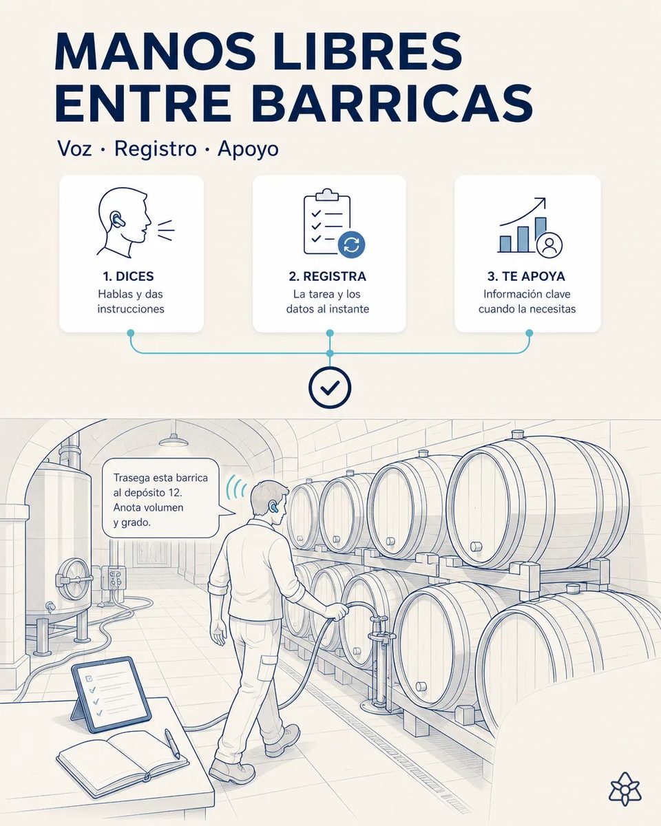 Jefe de bodega con pinganillo en la oreja recorriendo una sala de barricas con una manguera de trasiego, dictando una instrucción de trasiego, con una tableta y un cuaderno sobre la mesa