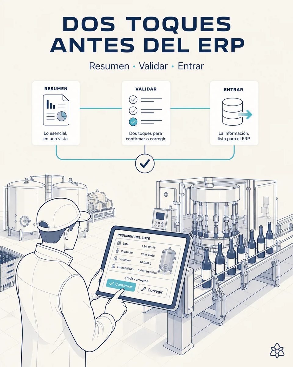 Operario de la línea de embotellado sujetando una tableta con el resumen del lote, volumen y número de botellas y los botones confirmar y corregir, junto a la llenadora y botellas de vino tinto