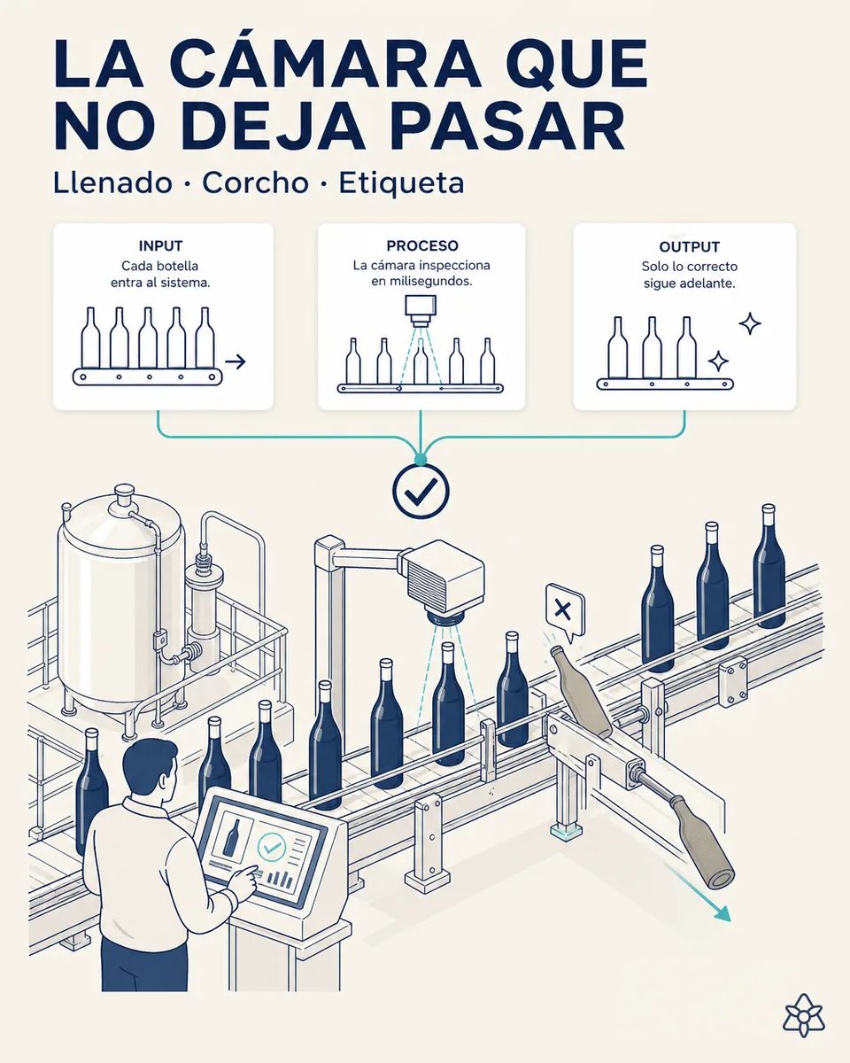 Cámara de visión sobre la cinta de una línea de embotellado de vino inspeccionando botellas, con una botella defectuosa expulsada por un empujador lateral y un operario revisando el panel