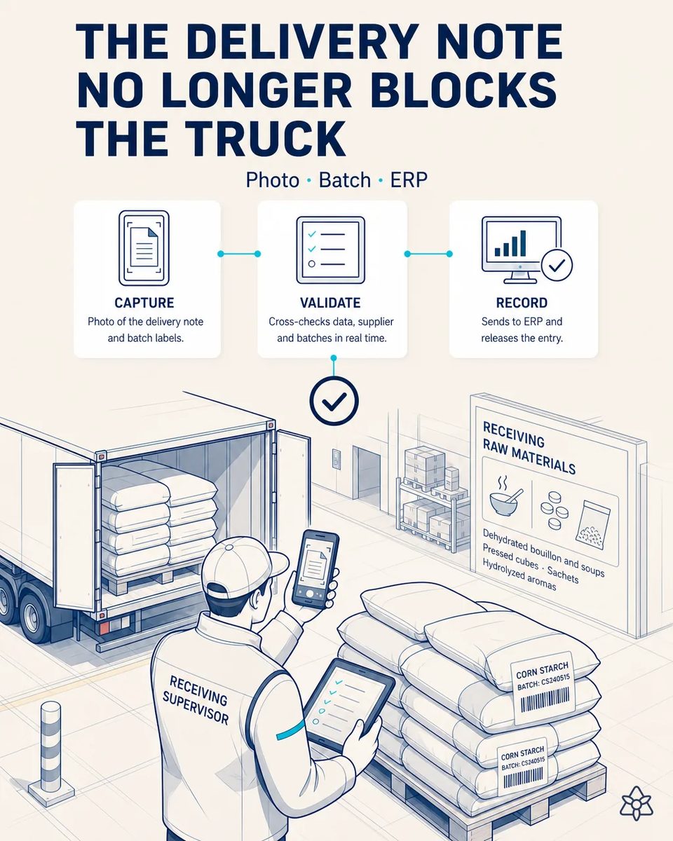 A receiving supervisor at a loading dock photographs a paper delivery note on a clipboard with a rugged phone, pallets of stacked starch sacks and aroma drums behind, truck tailgate open