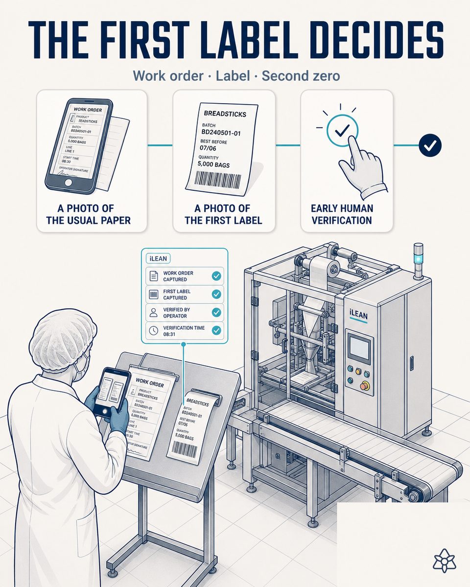 Bakery operator photographing with the phone the paper production order and the first label of a breadstick batch at startup — Connect digitizes both on the spot