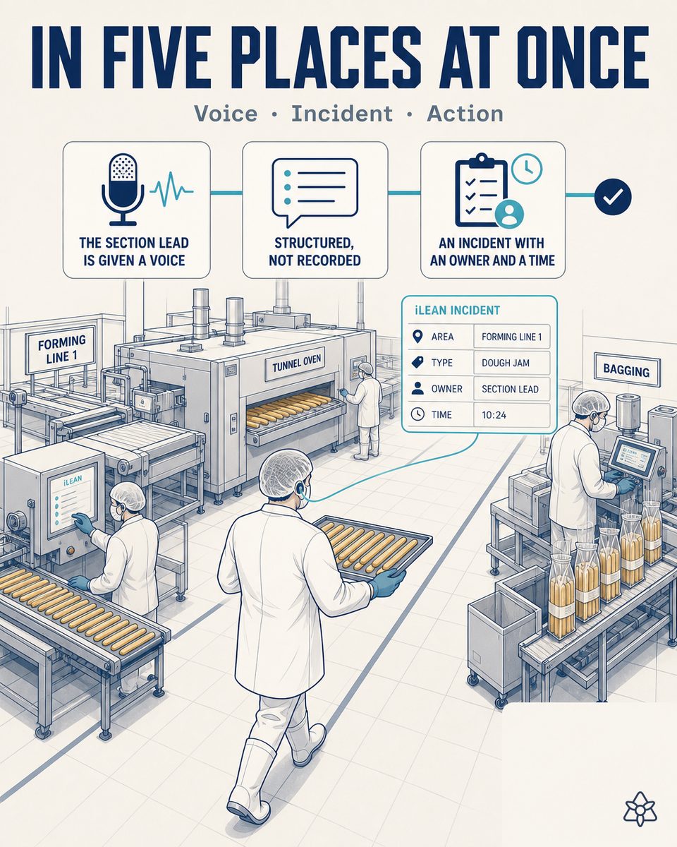 Section lead of a breadstick and crispbread factory walking between the former and the oven with an iLEAN earpiece — a hands-free AI assistant on the shop floor