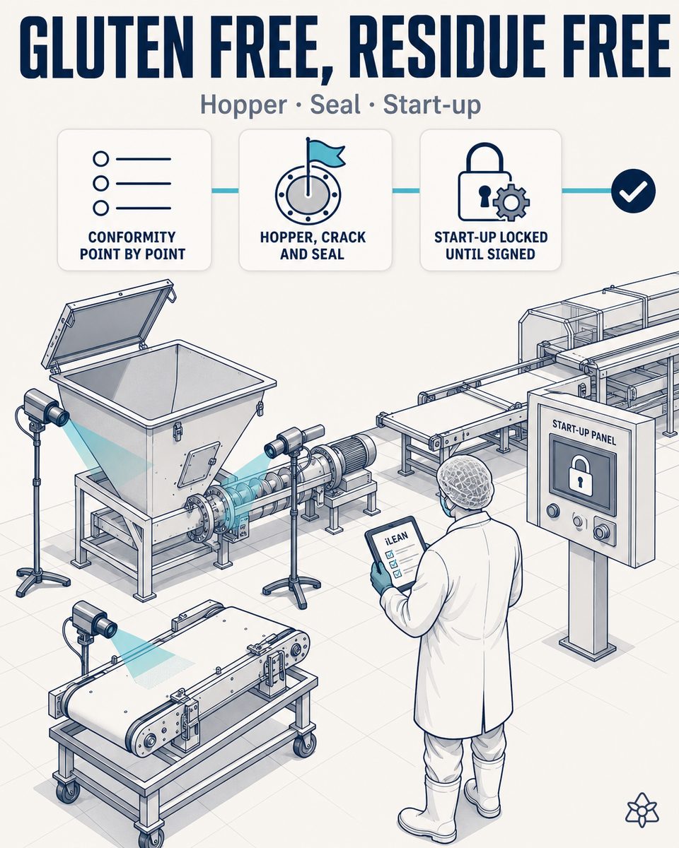 Edge camera inspecting the hopper and belt of a breadstick and crispbread line after the cleaning between a gluten batch and a gluten-free batch — AI vision validating the release