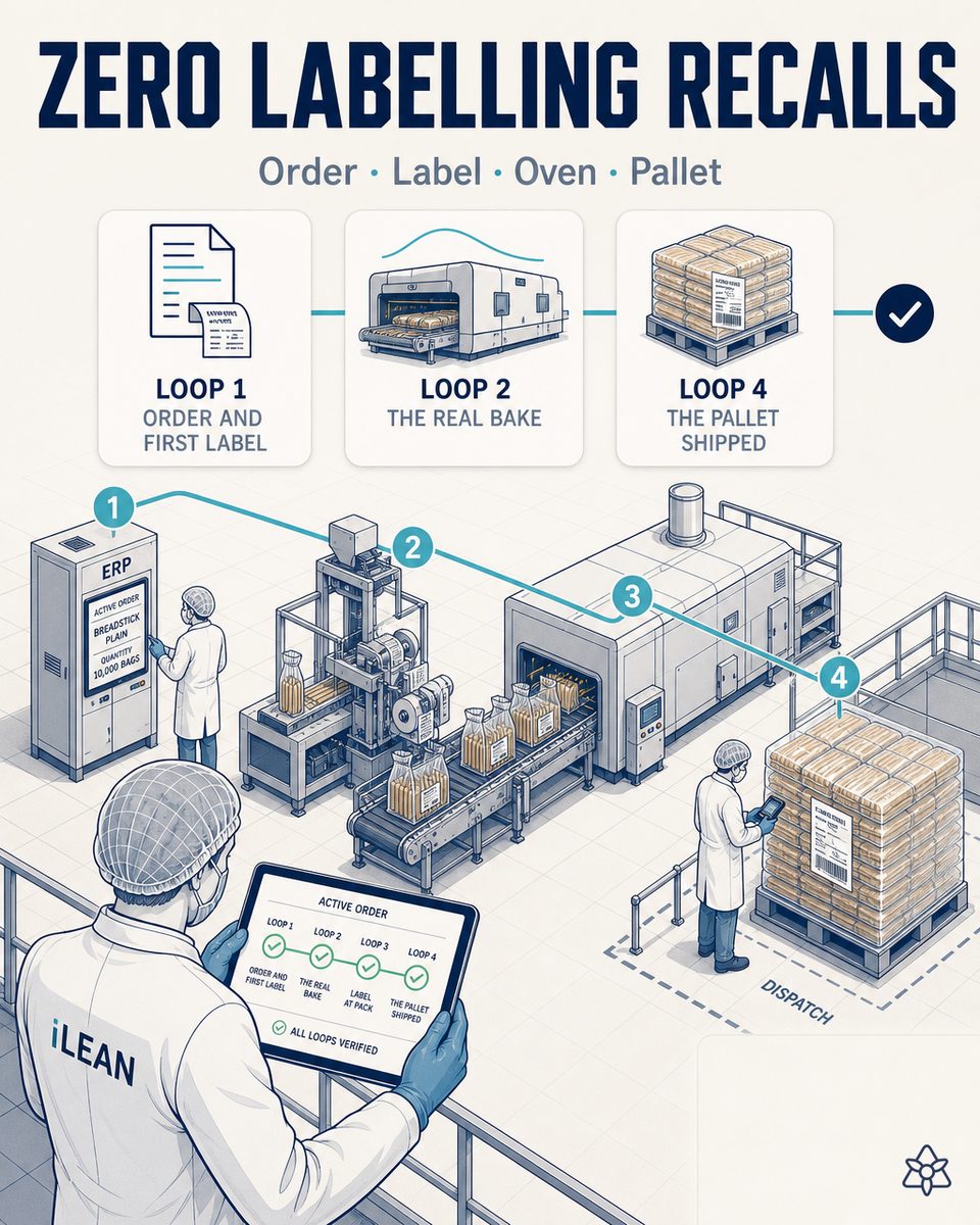 Breadstick and crispbread packing line with an Edge camera over the label and the coder, an operator with an earphone and an iLEAN personal assistant — an agentic labeling system for zero recalls