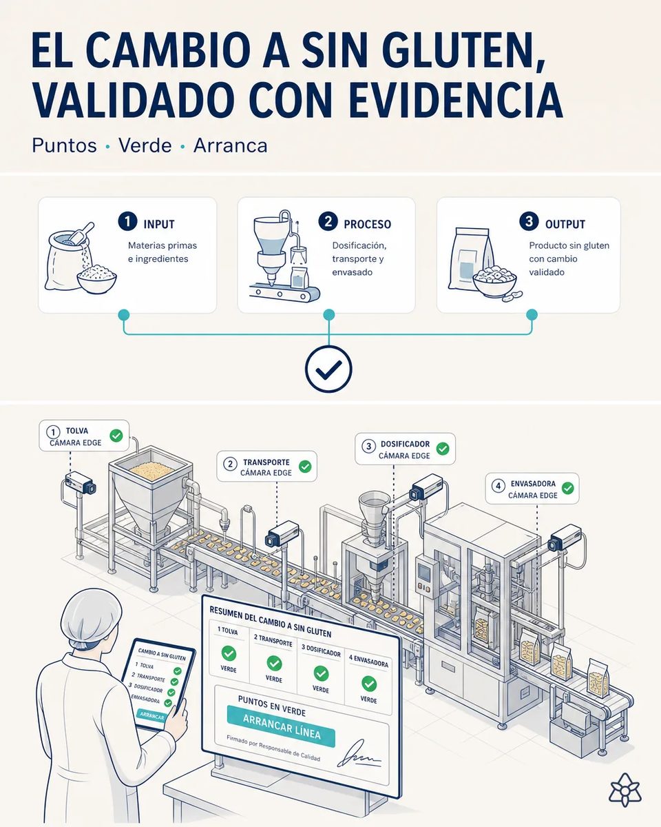 Cámaras fijas verificando tolva, dosificador y mesa de una línea de culinarios tras la limpieza entre alérgenos, con la pantalla mostrando los puntos en verde antes de autorizar el arranque