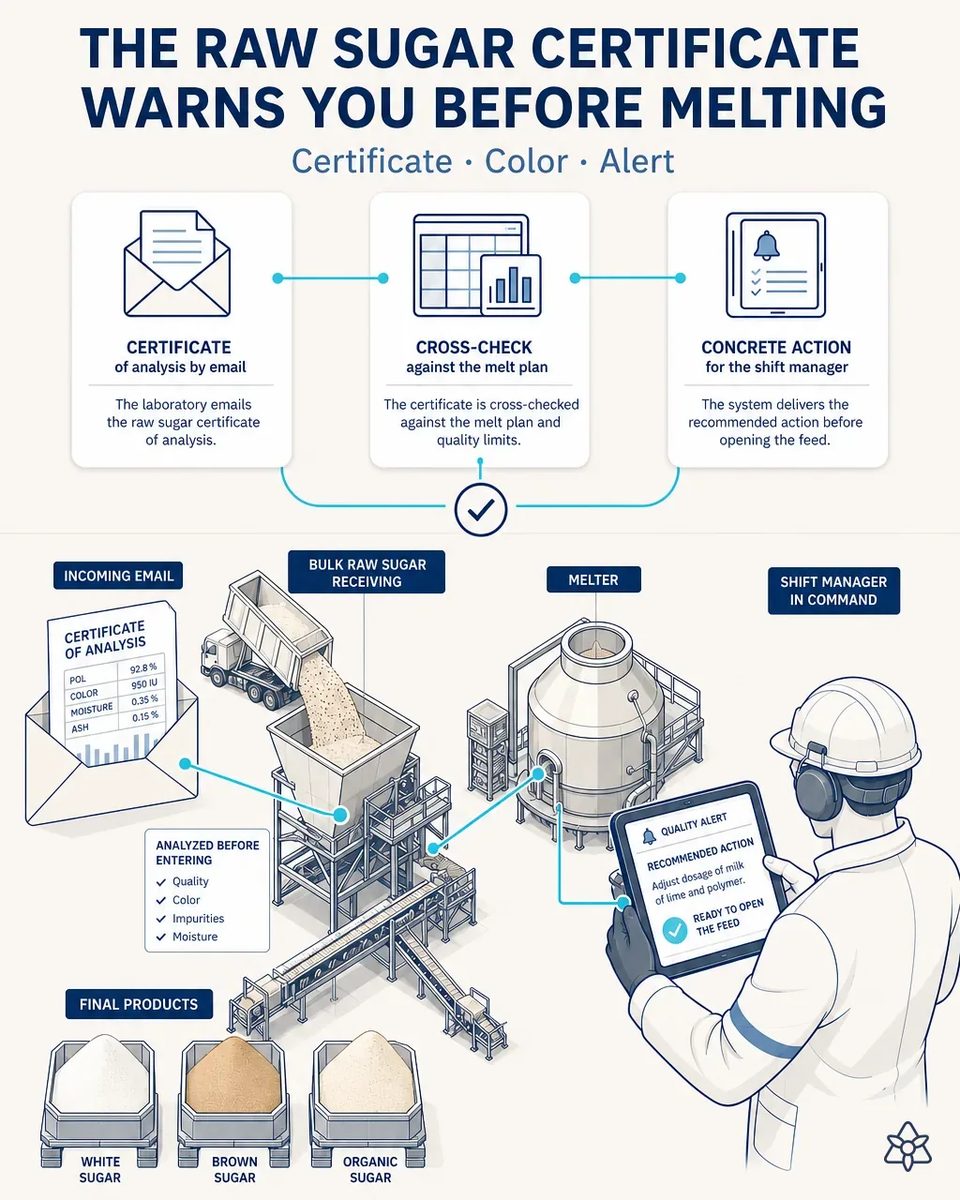 Shift manager reviewing on a tablet the raw sugar certificate of analysis already cross-referenced against the melt plan, next to bulk raw sugar receiving and the melter