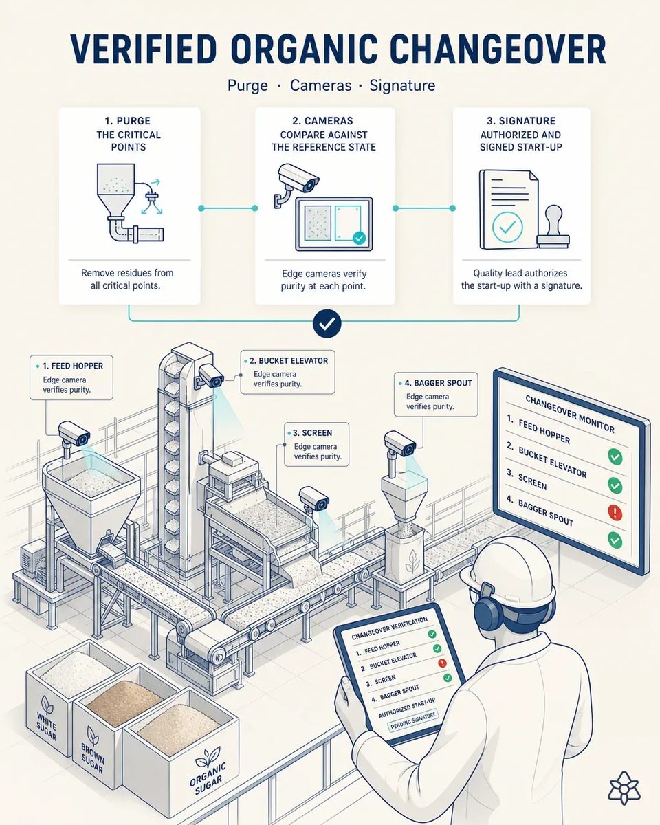 Edge cameras at the feed hopper, bucket elevator, screen and bagger spout verifying purge before an organic sugar run, with the quality lead signing on a tablet