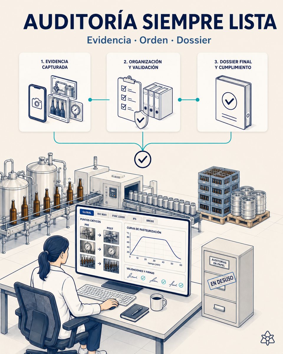 Responsable de calidad de una cervecería descargando el dossier auditable de un lote, con fotos de cambio, curva de pasteurización, resultados de laboratorio y firmas ya organizados