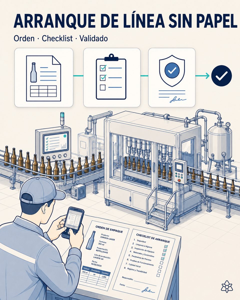 Jefe de línea de una cervecería fotografiando con tableta industrial la orden de envasado y el checklist de arranque junto a la llenadora — Connect digitaliza ambos en el momento