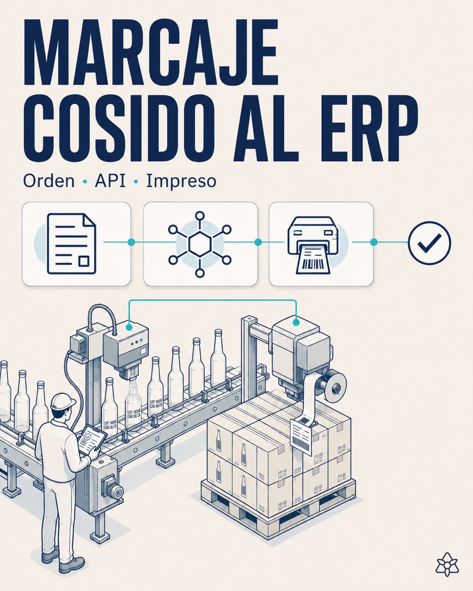 Codificadora marcando lote y caducidad en botellas de cerveza a alta cadencia mientras la impresora-aplicadora etiqueta la tarima con el código GS1-128 recibido del ERP