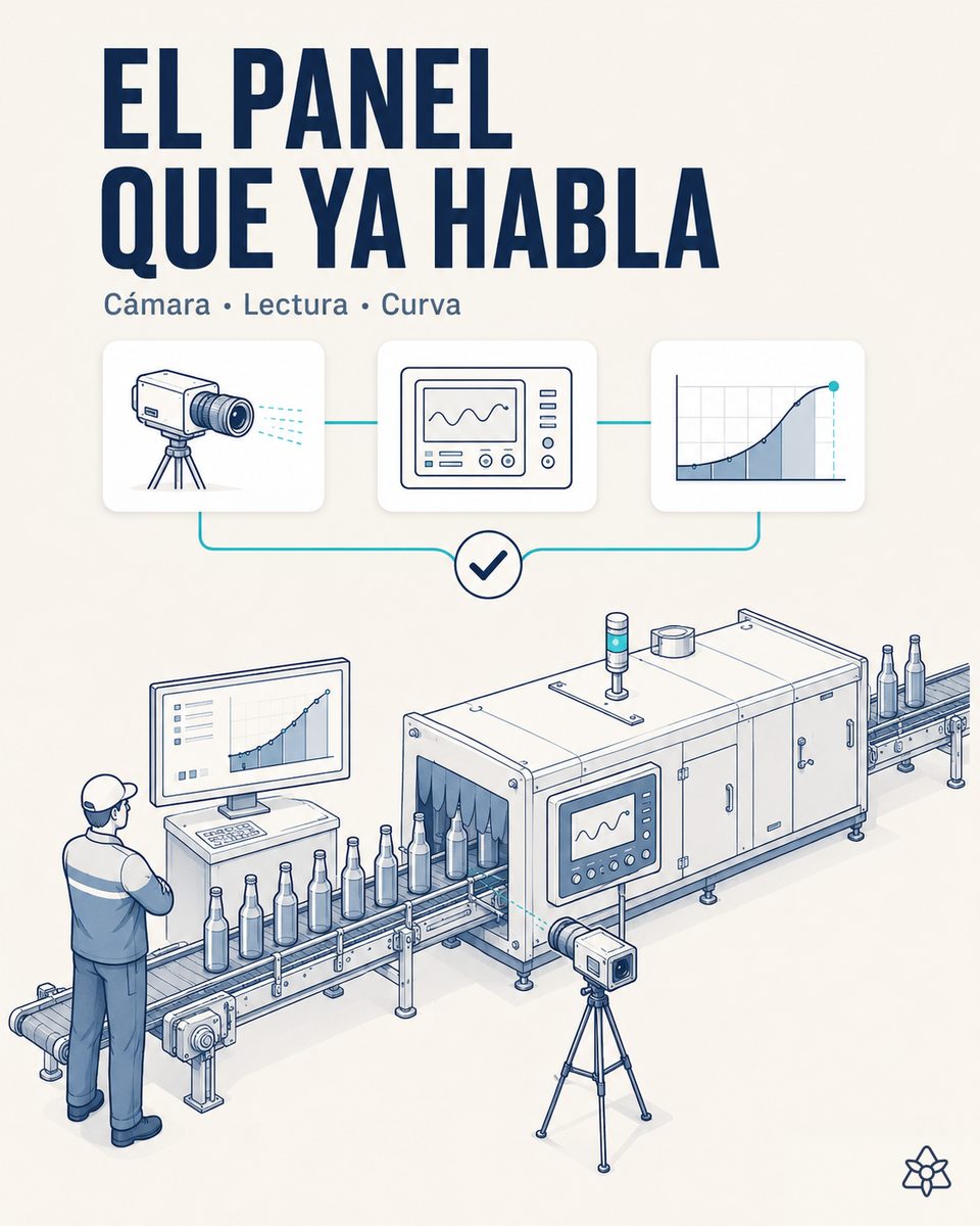 Cámara industrial fija apuntando al panel de control de un pasteurizador túnel de cervecería, con la curva de unidades de pasteurización reconstruida en una pantalla junto a la línea
