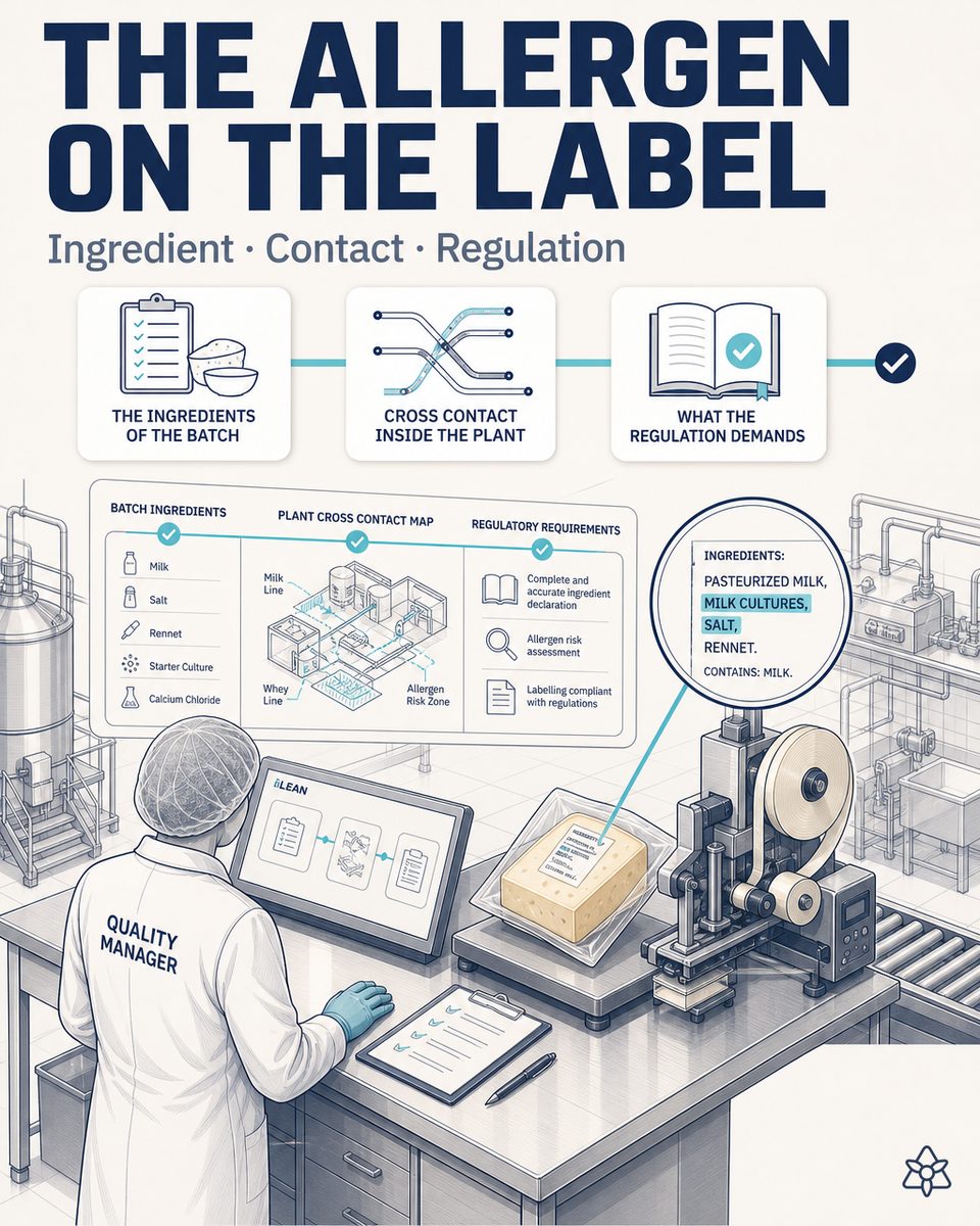 Cheese dairy packing line with an Edge camera over the label and a quality manager supervising — AI allergen labeling