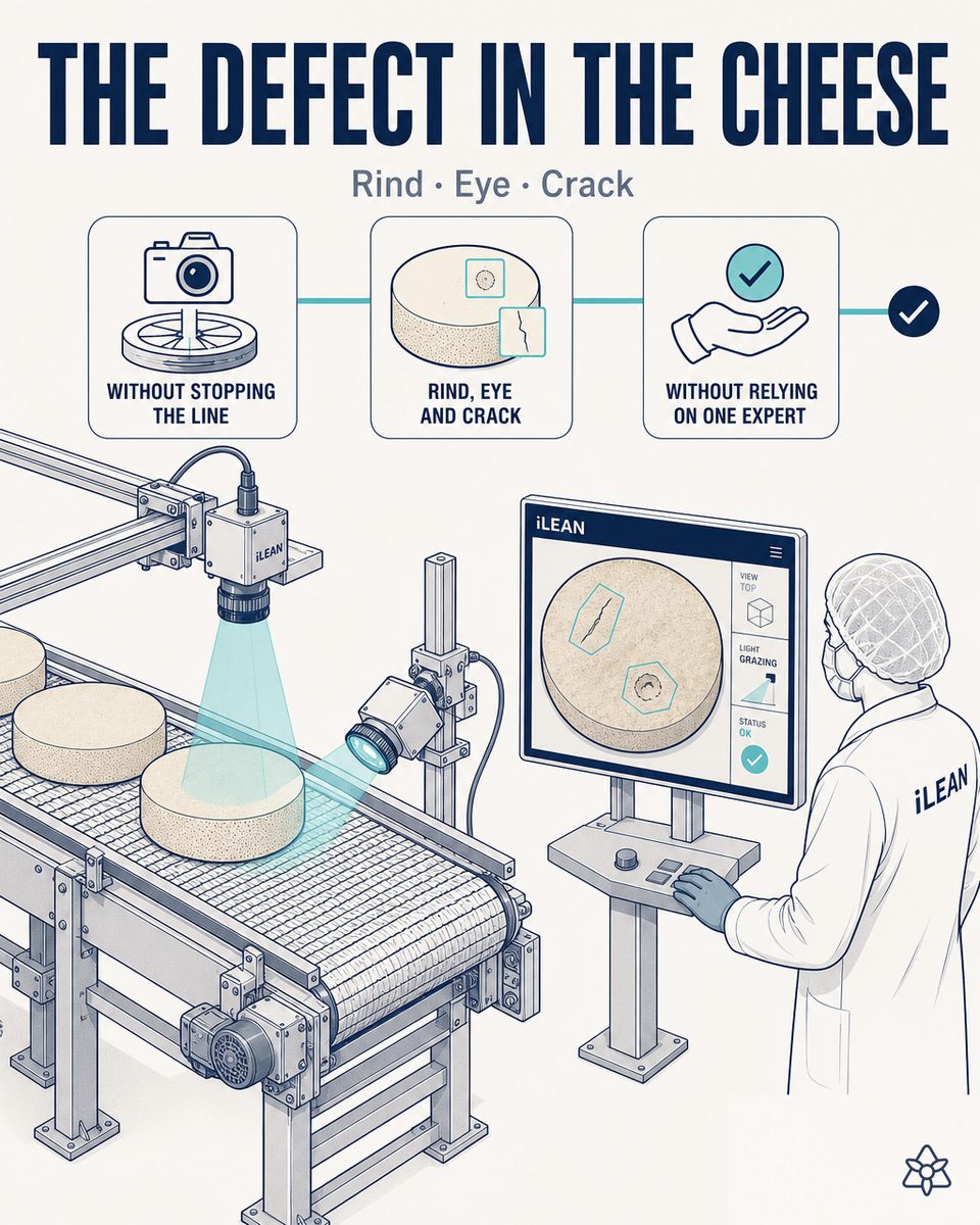 Cheese end-of-line with a Vision camera over the belt and an operator deciding on a wheel flagged as doubtful — AI vision for cheese defects