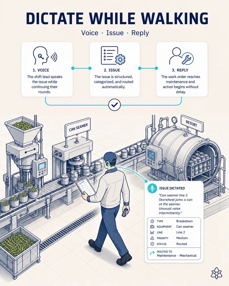 Shift lead of a canning plant walking with an earpiece between the retort and the filler while dictating an incident, with the supervisor's tablet showing the alert