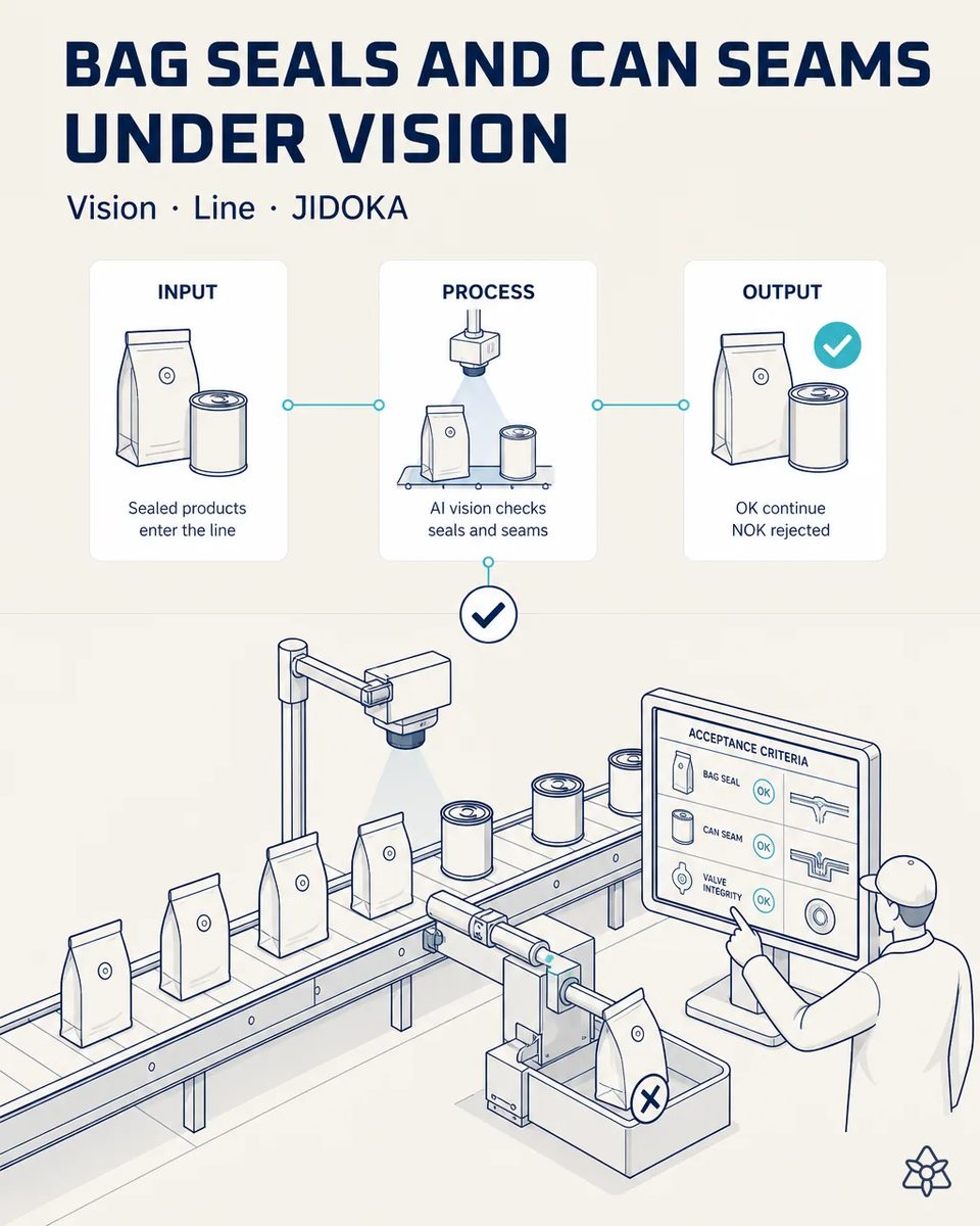 Industrial camera over the packing line inspecting the seal of coffee bags with a degassing valve, with the defective unit rejected before packing