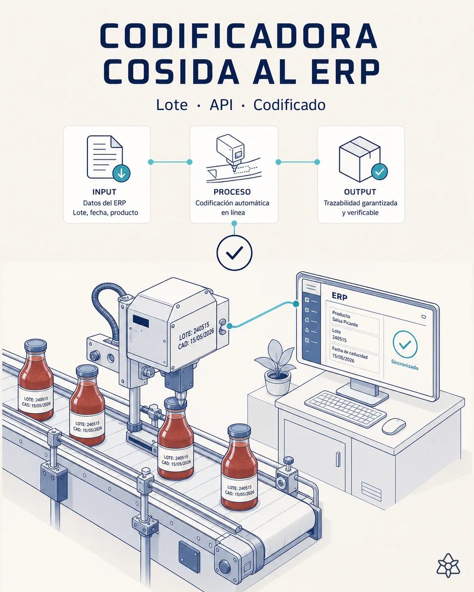 Codificadora de lote imprimiendo lote y fecha de caducidad en botellas de salsa picante sobre la cinta, conectada a una pantalla del ERP que muestra los mismos datos sincronizados