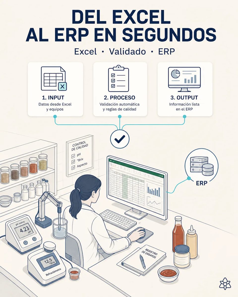 Técnica de laboratorio de calidad trabajando en una hoja Excel conectada al ERP, con pH-metro marcando 4,23, refractómetro en grados Brix y muestras de kétchup y aderezo sobre la mesa
