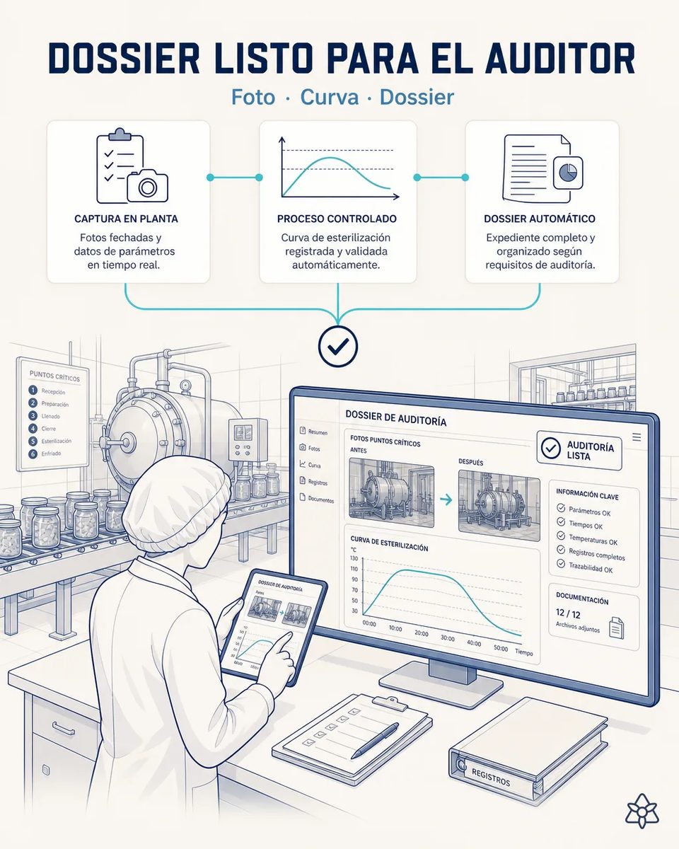 Responsable de calidad revisando en pantalla un dossier de auditoría con fotos antes y después del autoclave, la curva de esterilización y la lista de parámetros en verde, con tarros de conserva al fondo