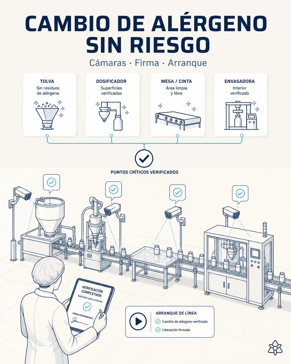 Línea de salsas con cámaras sobre la tolva, el dosificador, la mesa y la envasadora, todas en verde, y una responsable de calidad firmando en tableta la verificación previa al arranque
