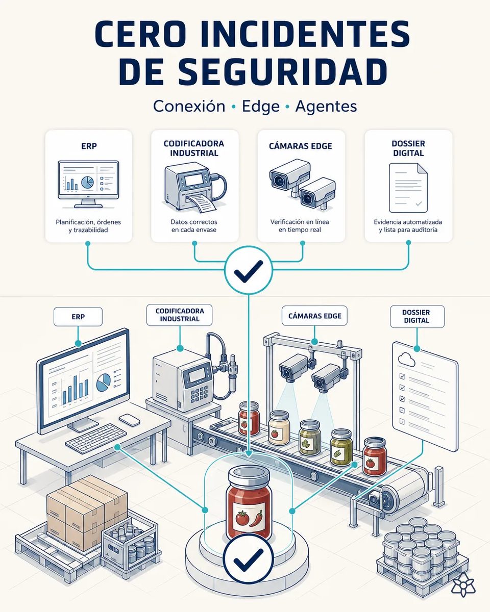 Línea de tarros de salsa de tomate conectada a un ERP, una codificadora industrial, cámaras Edge y un dossier digital, con un tarro en el centro validado por los cuatro anillos de verificación