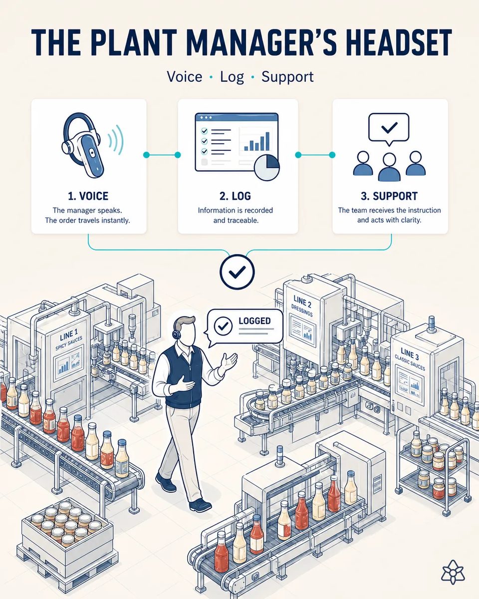 Plant manager wearing a headset walking between three sauce and dressing filling lines with ketchup and dressing bottles on conveyors, a speech bubble confirming the dictated incident was logged