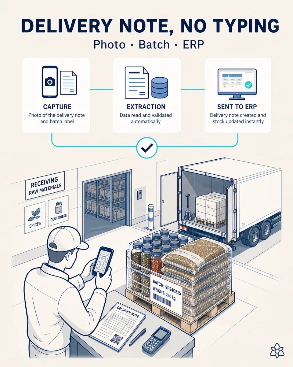 Receiving supervisor photographing a delivery note with a phone at the raw-material dock, next to a wrapped pallet of glass jars and ingredient sacks with a batch label and barcode, a truck unloading behind
