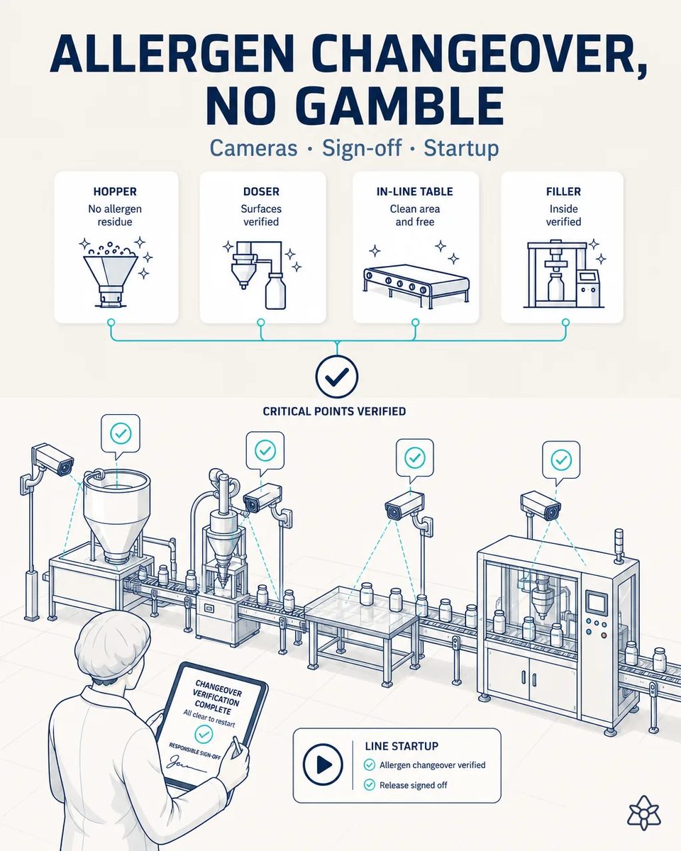 Fixed cameras over the hopper, doser, in-line table and filler of a jar line confirming critical points after cleaning, while a quality supervisor signs the changeover verification on a tablet