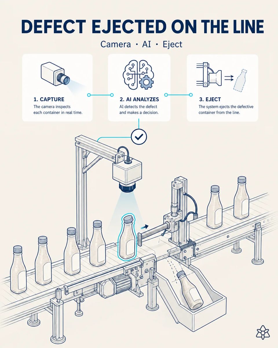 Overhead machine-vision camera on a gantry inspecting dressing bottles on a conveyor, one highlighted bottle pushed off the line by a pneumatic ejector into a reject chute