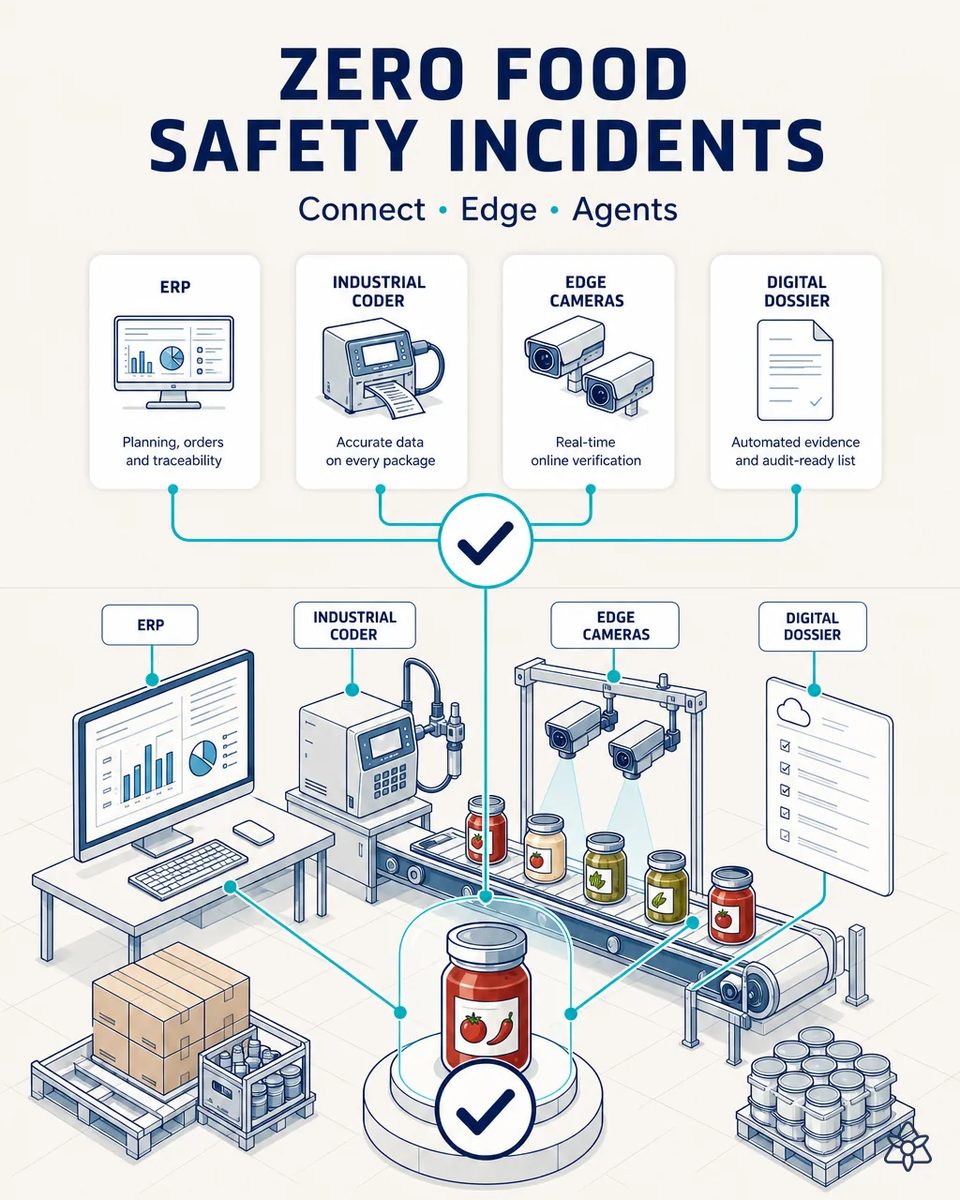 Isometric view of a sauce and canned-food plant linking an ERP workstation, an industrial batch coder, edge cameras over a jar conveyor and a digital dossier, all converging on one verified jar