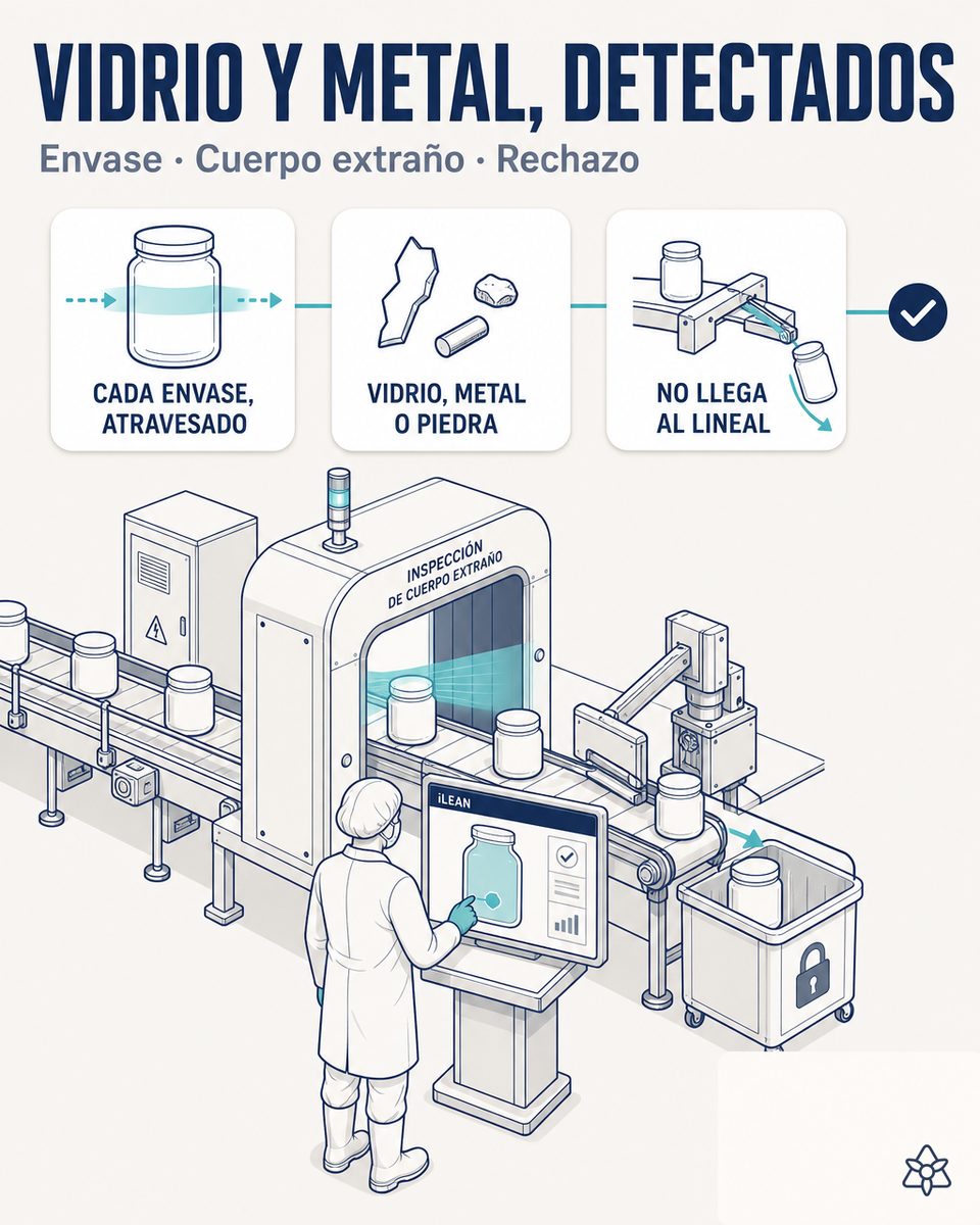 Línea de envasado alimentario con escáner rayos X y cámara de visión IA — detección de vidrio y metal con expulsor automático