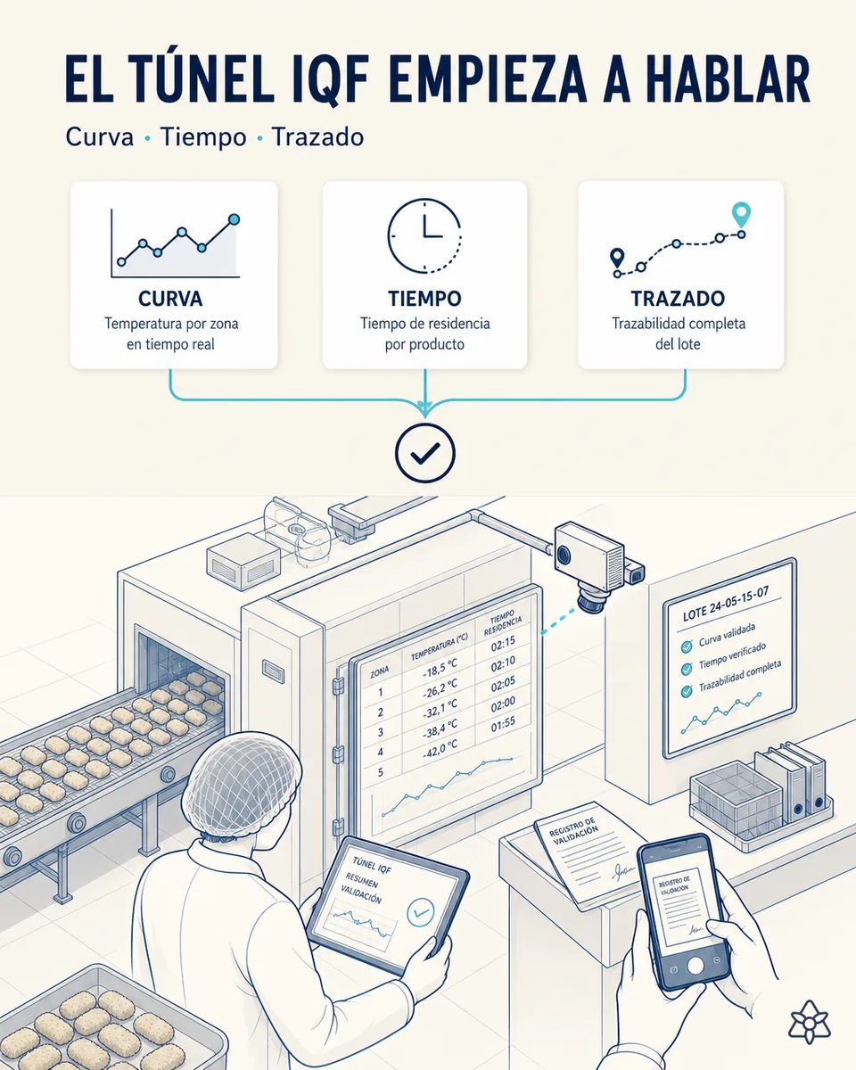 Cámara fija apuntando al panel del túnel de ultracongelación, con la tabla de temperatura por zona y tiempo de residencia en pantalla mientras las croquetas entran por la cinta y el operario valida en la tableta