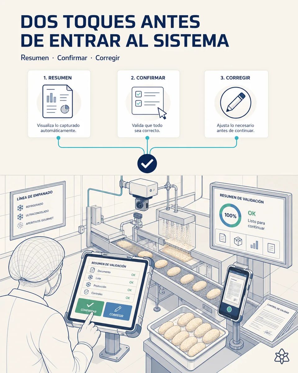 Operaria confirmando con el dedo un resumen de validación en la tableta industrial a pie de la línea de empanado, con la cortina de pan rallado sobre la cinta y la pantalla de estado en verde al fondo