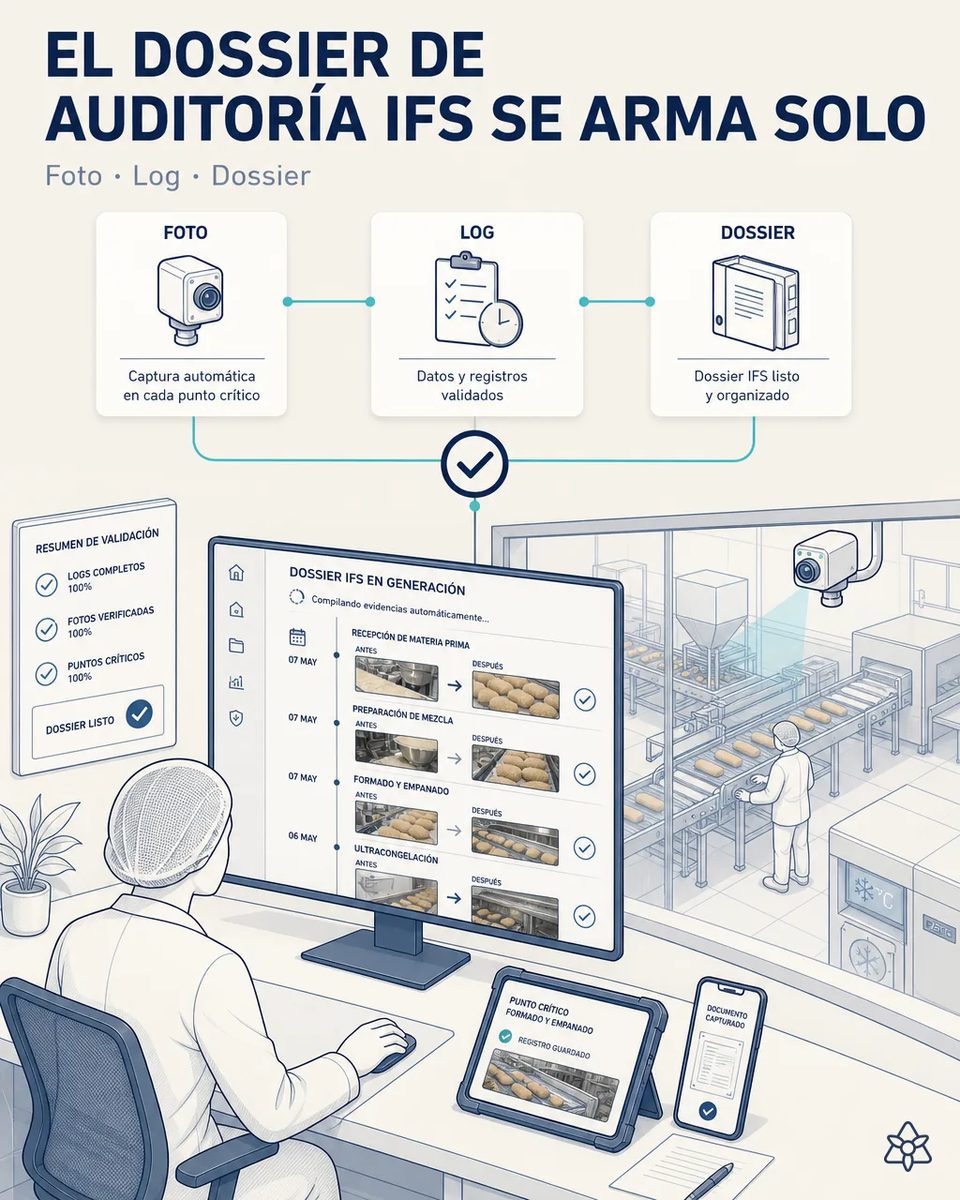 Responsable de calidad ante el monitor donde el dossier IFS se compila solo, con pares de fotos antes y después de recepción, preparación de mezcla, formado y empanado y ultracongelación, y la línea al fondo