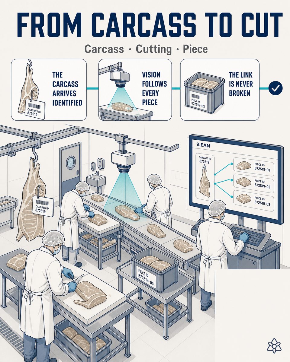 Pork cutting room with an Edge camera above the belt classifying cuts and an integrated weigh-labeler — AI vision for carcass-to-cut traceability