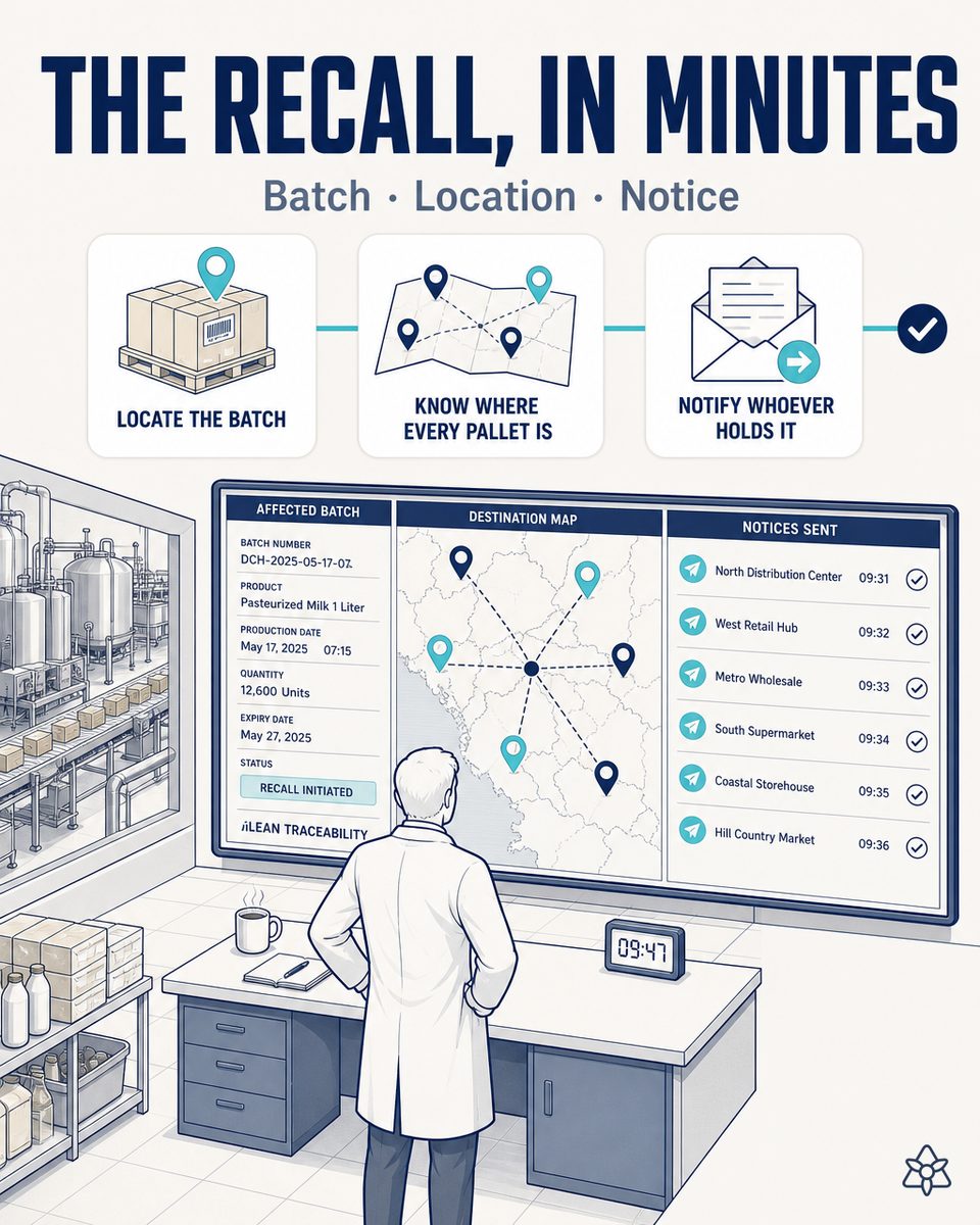 Quality manager in a dairy plant reviewing a batch recall dossier on a tablet with a retailer distribution map — downstream traceability AI