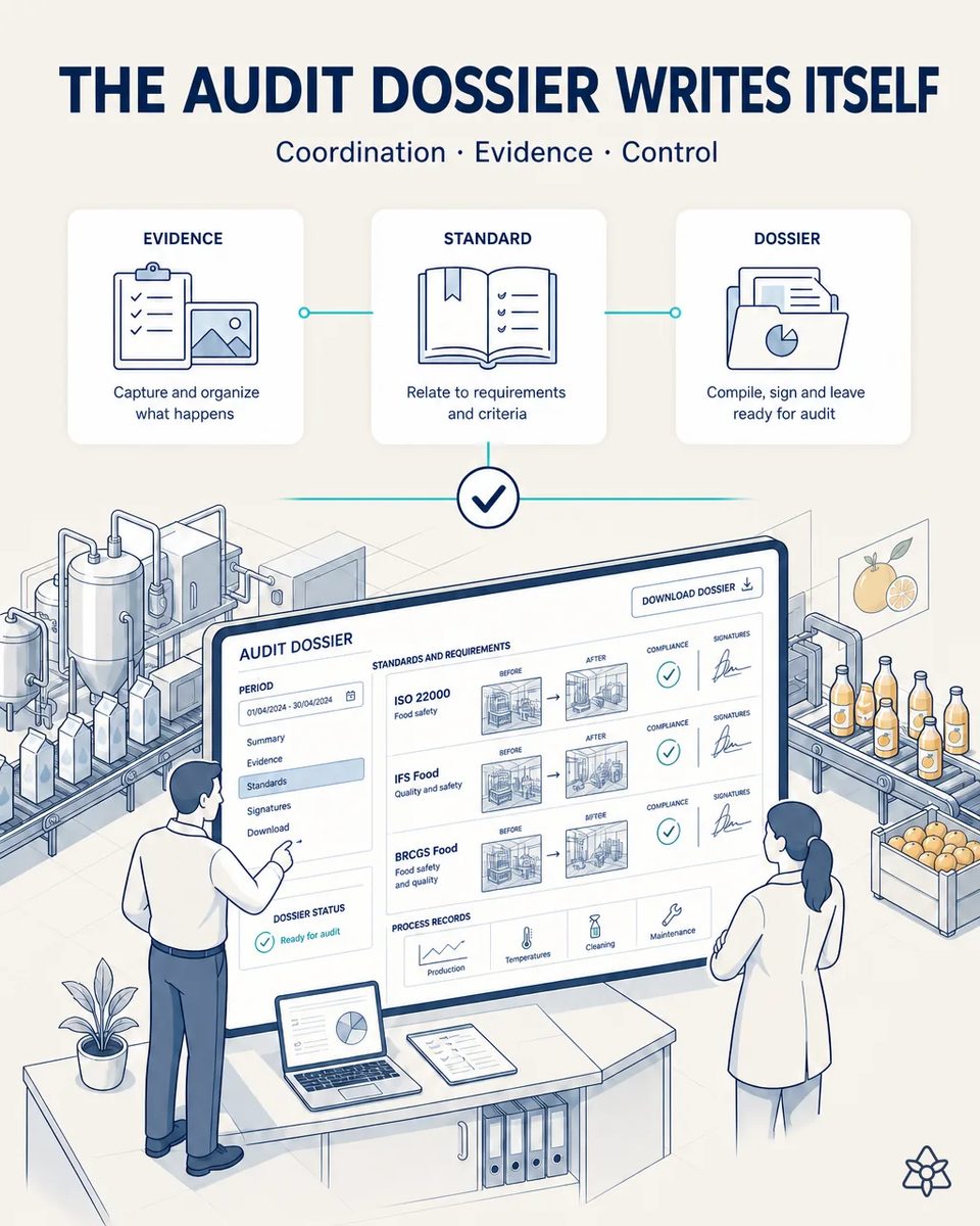 Two quality staff reviewing an audit dossier on a large screen, with before-and-after changeover photos, compliance checks and signatures indexed by food safety standard, and the UHT and juice lines in the background