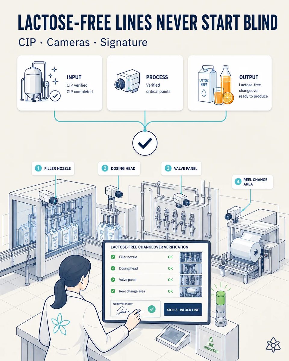 Quality manager signing the lactose-free changeover verification on a tablet, with Edge cameras at the filler nozzle, dosing head, valve panel and reel change area all showing green and the line unlocked