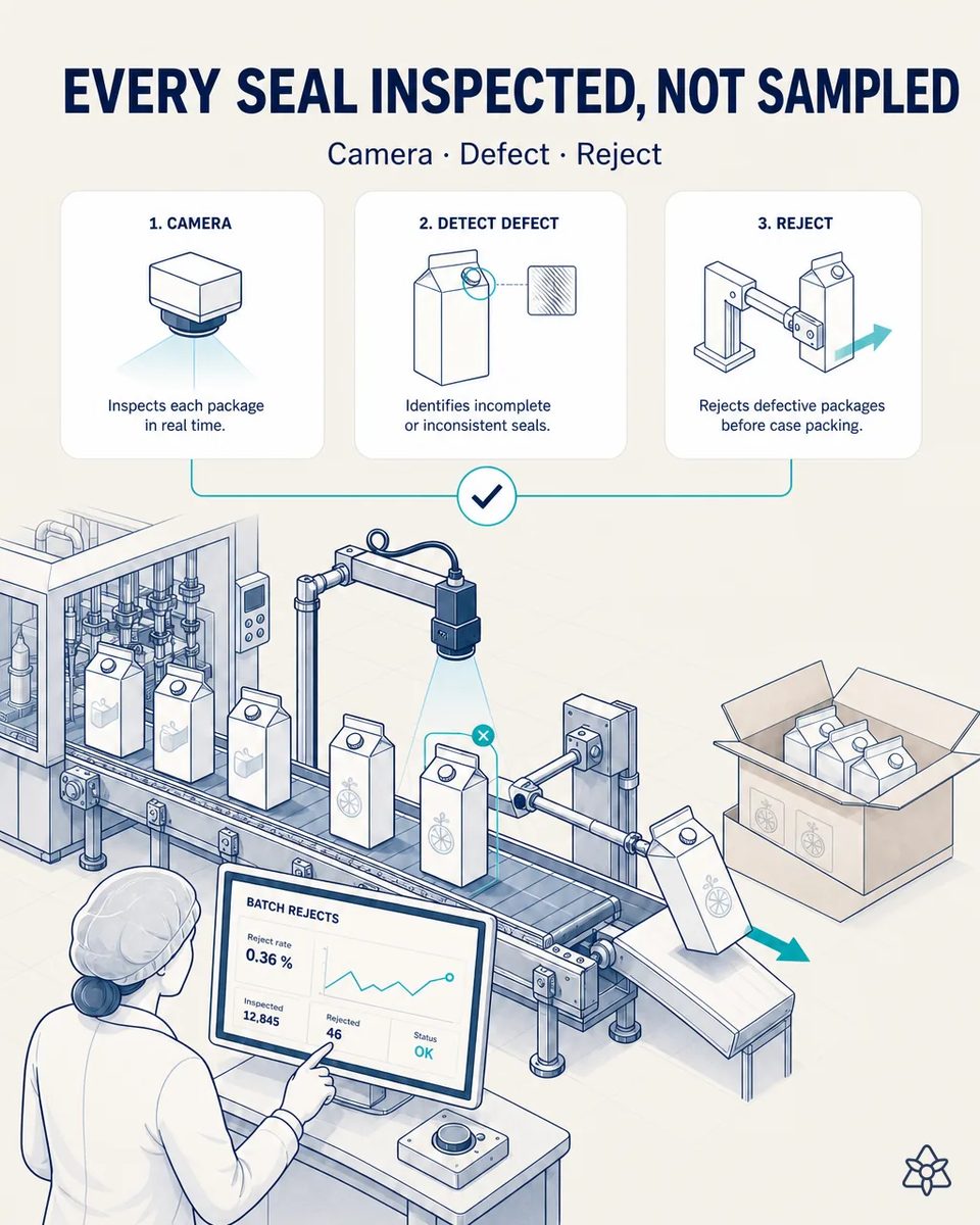 Edge camera mounted over the conveyor at the outlet of an aseptic filler inspecting UHT cartons, one pack flagged and diverted before the case packer, with a reject curve shown on a screen