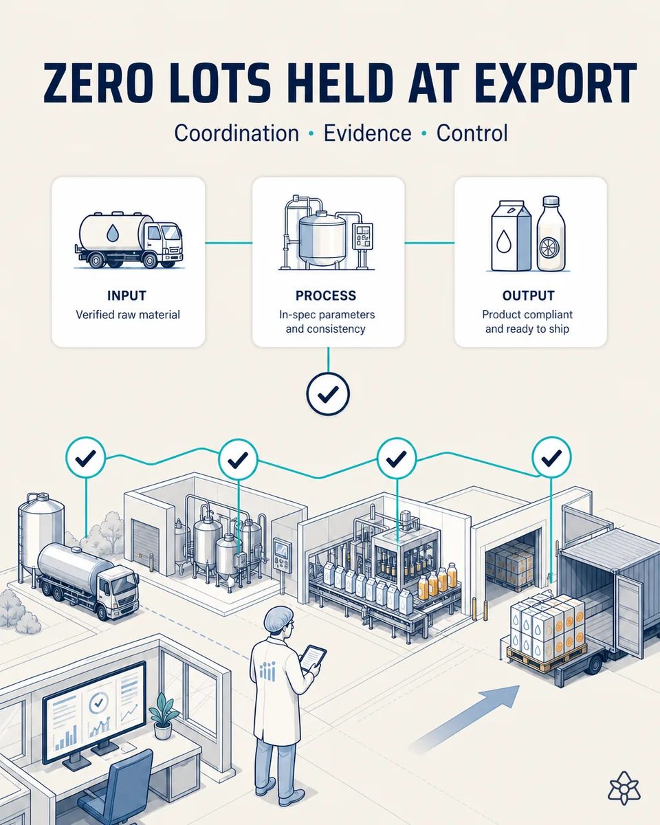 Overview of a dairy and juice plant with four verification checkpoints from the raw milk tanker through the silos and the fillers to a pallet being loaded into an export container, with a manager holding a tablet