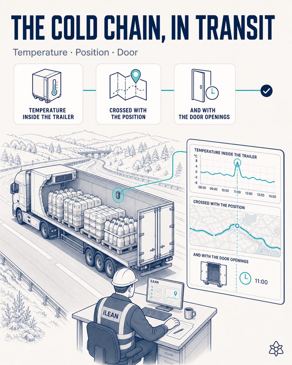 Refrigerated milk tanker with an IoT sensor and a synchronized GPS + temperature telemetry panel in the cab — cold chain AI