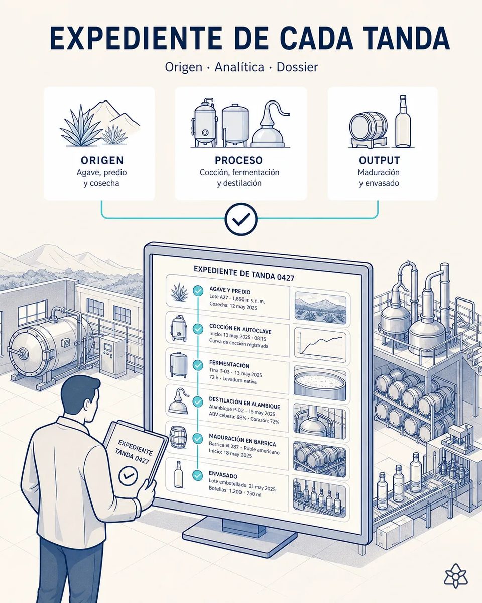 Responsable de calidad consultando en pantalla el expediente de una tanda con agave y predio, cocción en autoclave, fermentación, destilación, barrica y envasado, cada paso marcado como completo