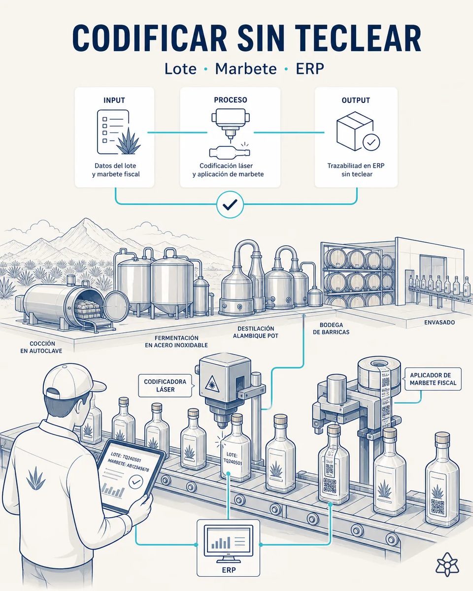Codificadora láser y aplicador de marbete fiscal sobre la línea de envasado de botellas de tequila, con el operario comprobando en tableta el lote y el marbete que envía el ERP