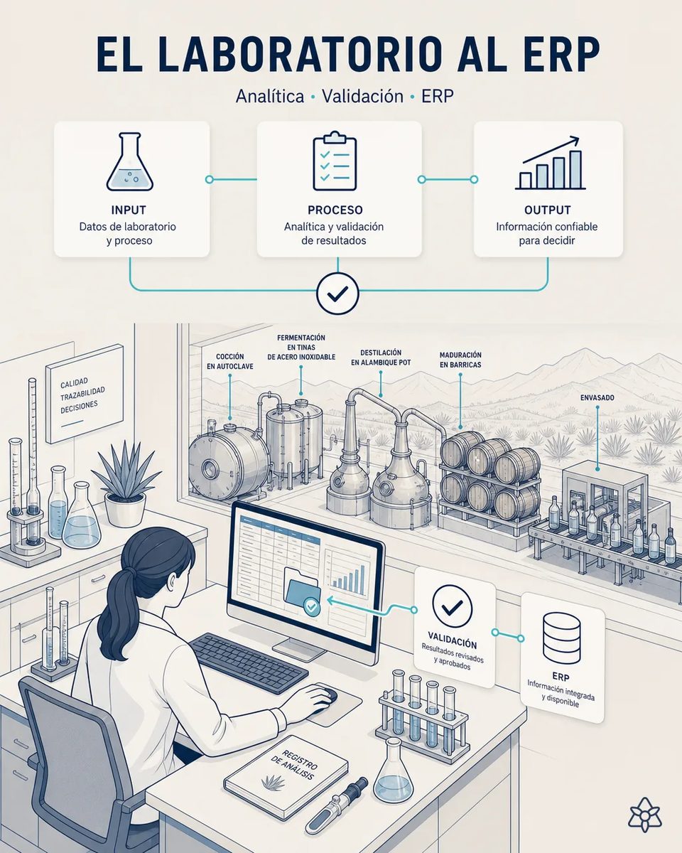 Analista de laboratorio de una destilería ante la hoja de cálculo de analítica, con probetas y matraces en la mesa y el flujo de validación hacia el ERP indicado en pantalla