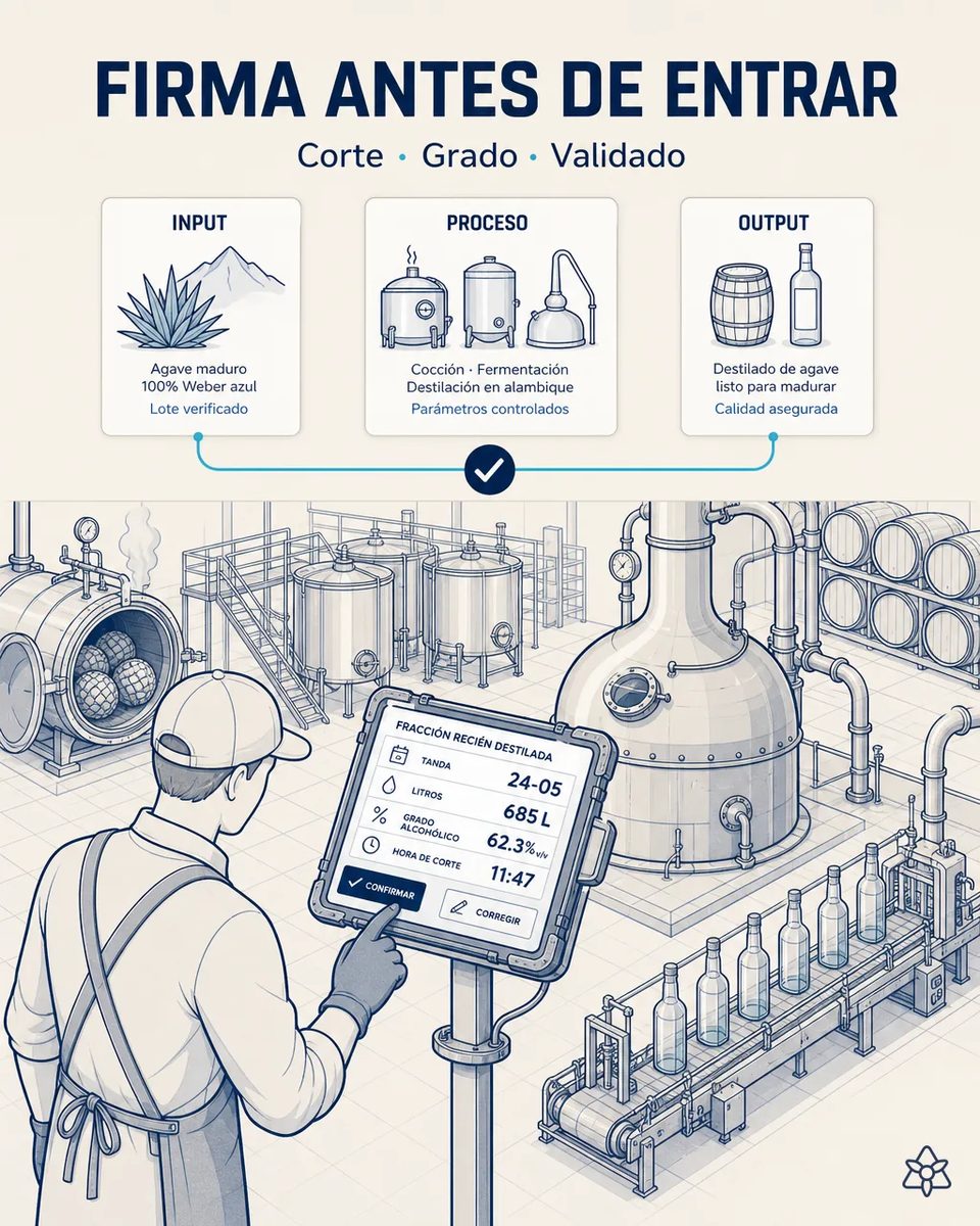 Destilador con guantes confirmando en una tableta industrial a pie de alambique la tanda, los litros, el grado alcohólico y la hora de corte de la fracción recién destilada