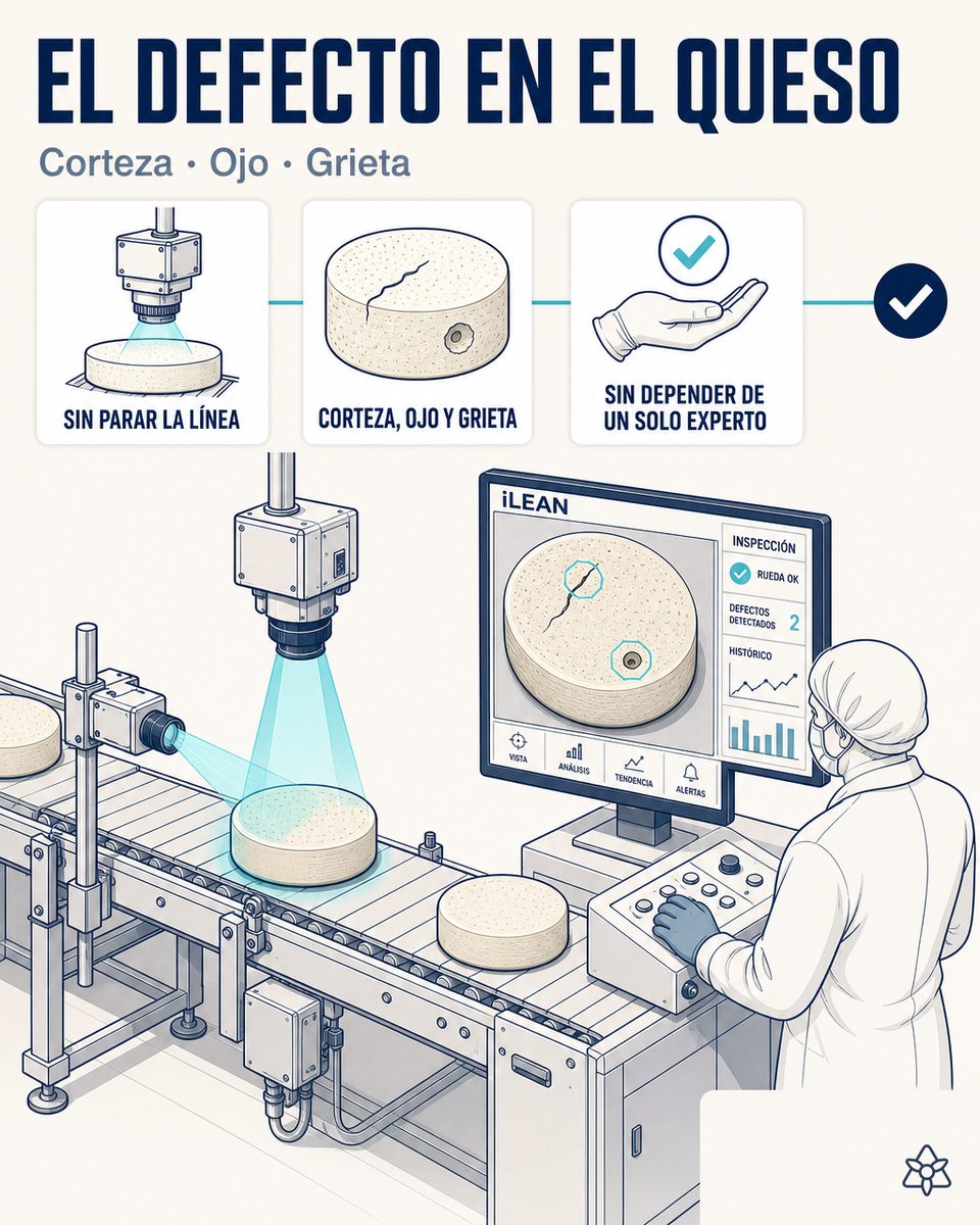 Línea fin de línea de queso con cámara Vision sobre cinta y operario decidiendo sobre rueda marcada como dudosa — visión IA para defectos de queso